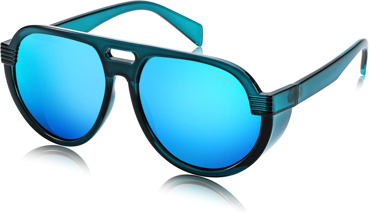 Blue Frame/Mirrored Blue Lens / Mirrored Blue | B0CT8TMYV9 | FEISEDY Steampunk with Side Shields Aviator Sunglasses for Men Women 80s Retro Flat Top Oversized Polarized Shades B0096