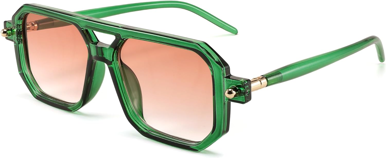 005 Transparent Green & Gradient Orange Lens / 52 Millimeters | B0CBK5519G | FEISEDY Vintage Square 70s Flat Aviator Sunglasses Women Men Classic Retro Stylish Frame UV400 Sunglasses B2622