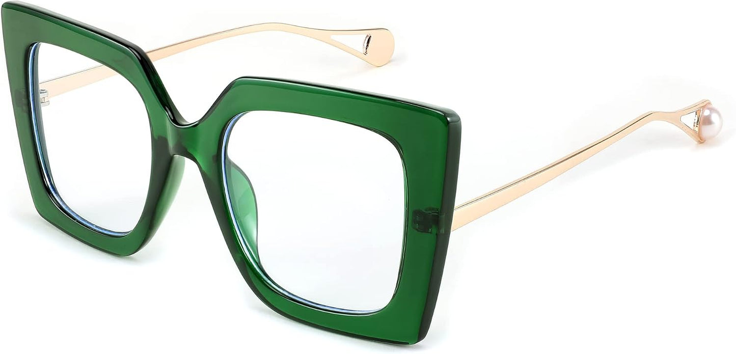 Green / 62 Millimeters | B0BXN28SQW | FEISEDY Oversized Square Blue Light Blocking Glasses Eye Strain Glare Pearl Inlay Arm Cat Eye Fashion Eyewear B2639