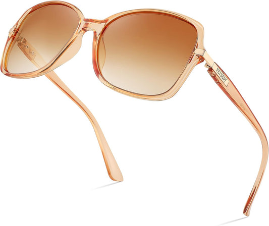 FEISEDY Womens Polarized Sunglasses UV400 Anti Glare Fashion Shades | Trendy Elegant Colored Frame for Ladies, for Driving Travel Shopping B2760 | WHITE Series - Champagne Frame & Gradual Tea Lens