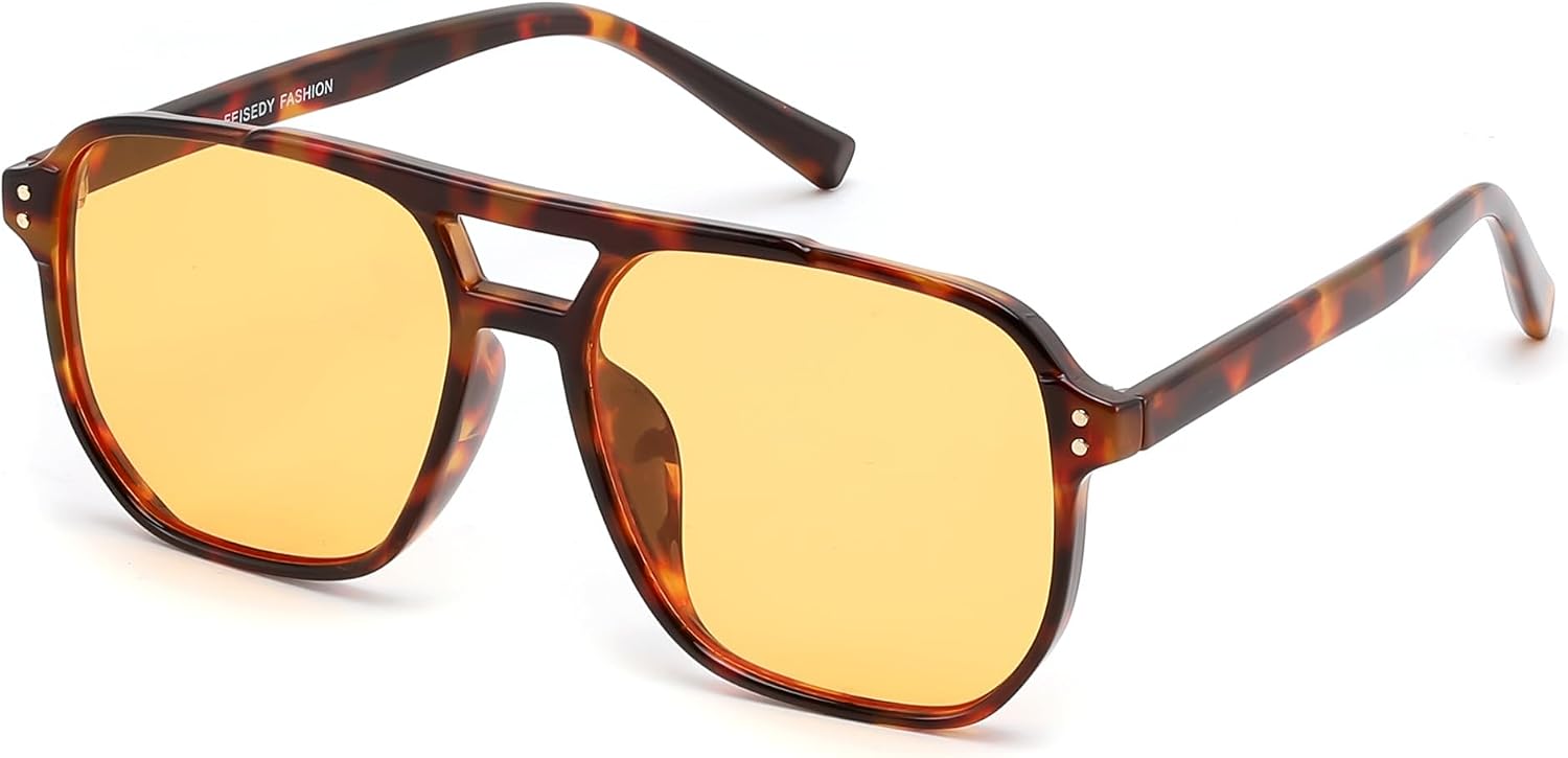 032 Tortoise Frame/Yellow Lens / 57 Millimeters | B0GKLRYW4G | FEISEDY Retro Square Aviator Sunglasses Women Men 70s Vintage Trendy Plastic Frame Sun Glasses B2835