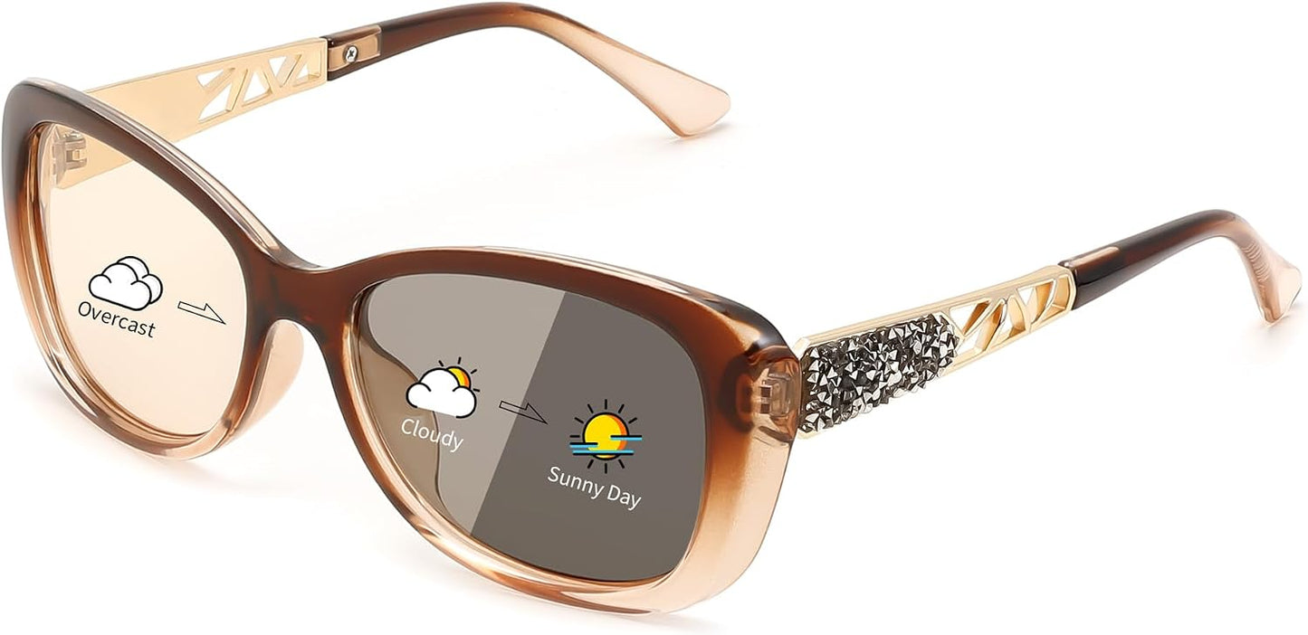 A-polarized Photochromic Champagne / 58 Millimeters | B0D2R8SYNF | FEISEDY Polarized Women Sunglasses Retro Shades Photochromic Lens Sparkling Crystal Sunglasses UV400 Protection B0144