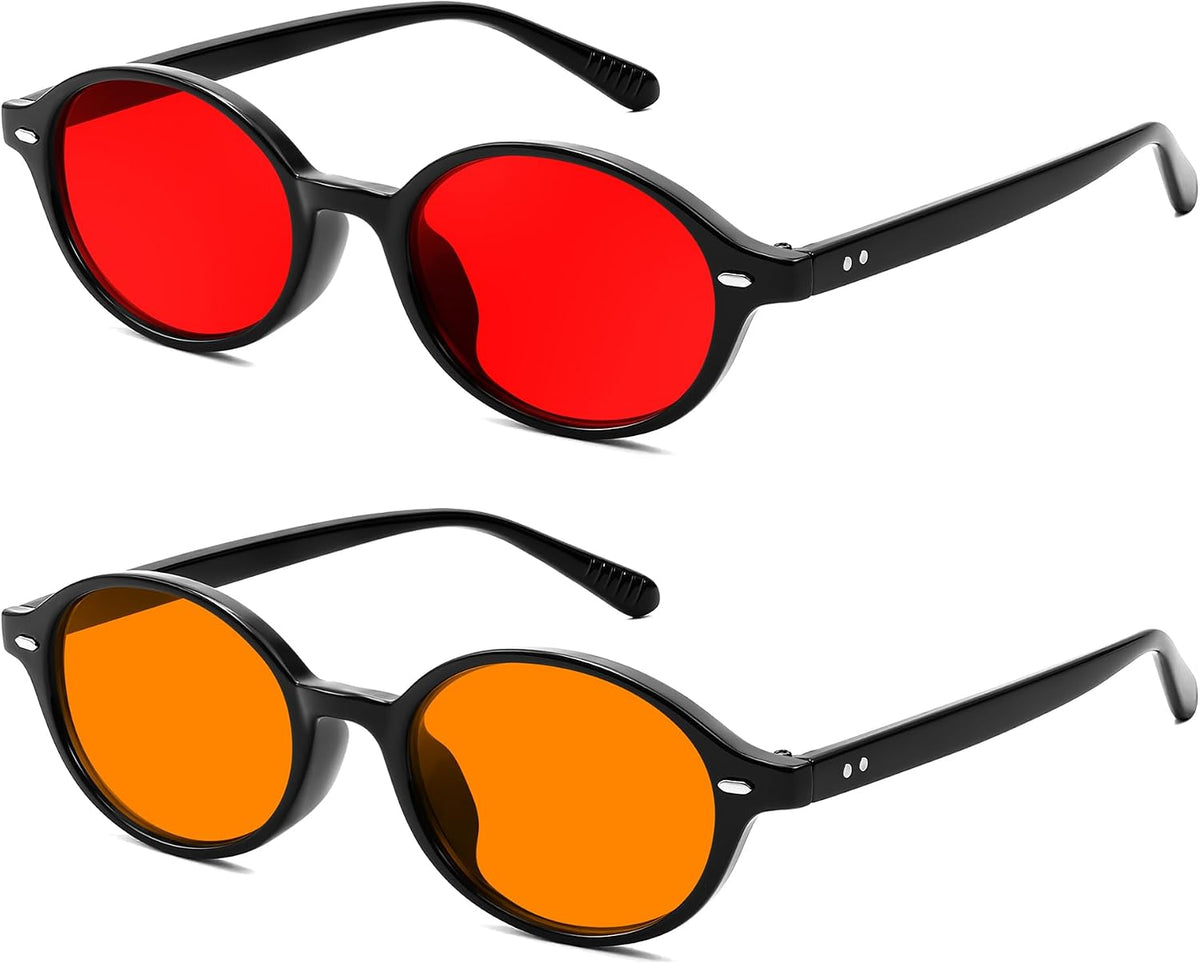 2pack(008 Black Frame & Red+009 Black Frame & Orange) / 47 Millimeters | B0FHPPMN7K | FEISEDY Retro Oval Sunglasses for Women 90s Narrow Round Lightweight Shades Y2k Trendy Sunnies B1171