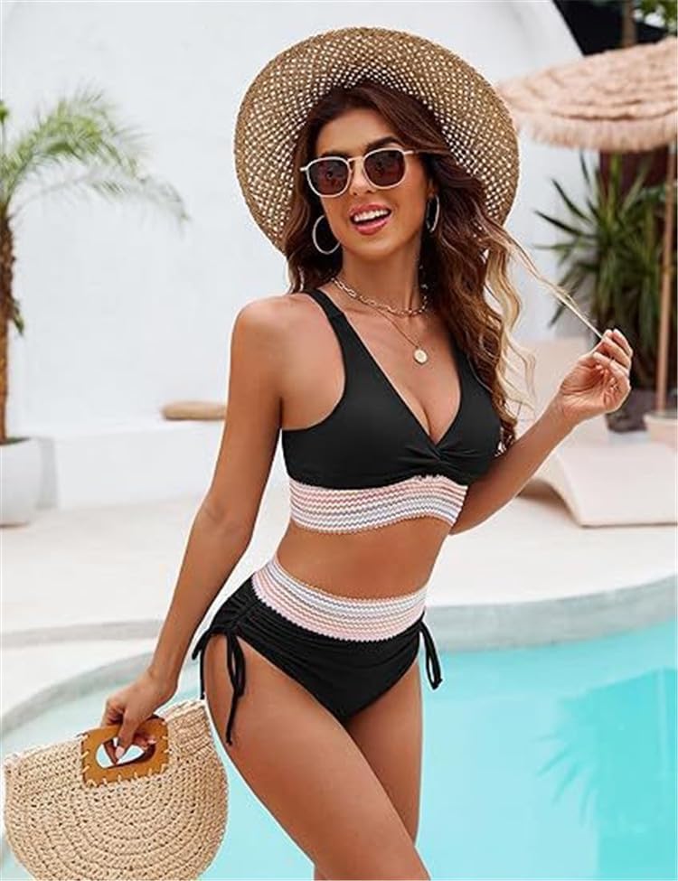 Large / Black-l | B0DWXL96HL | 2 Piece Drawstring Bathing Suit High Waisted Bikini Sets for Women