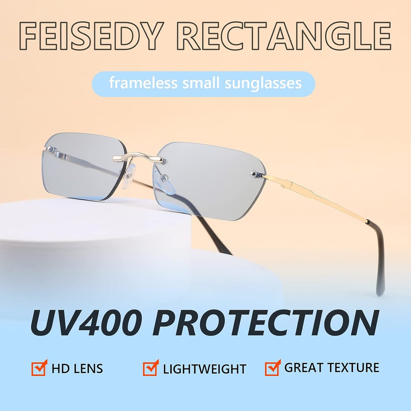 商品图片 51 | B0CY2Q4VW1 | FEISEDY Rimless Sunglasses Y2K Retro Small Narrow Rectangle Shades B2643