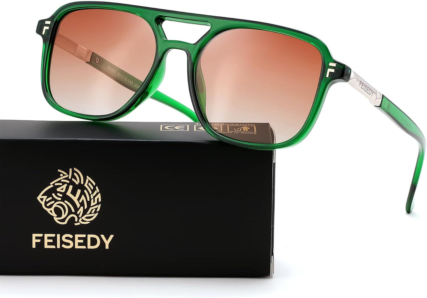 Transparent Green Frame Gradient Orange Lens / 53 Millimeters | B0H2VCP79G | FEISEDY Retro Polarized Aviator Square Sunglasses for Women Men UV400 B0357