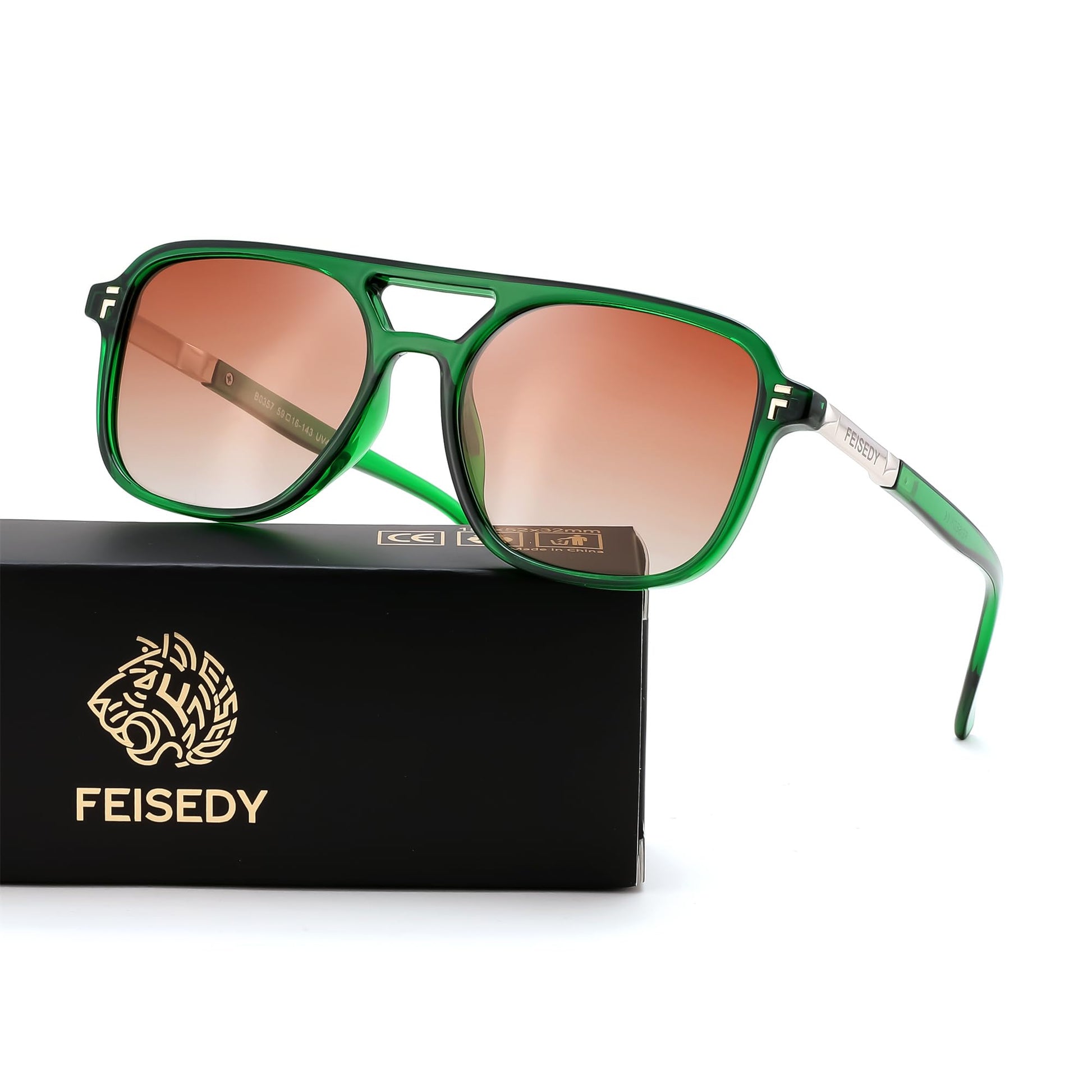 FEISEDY Retro Polarized Aviator Square Sunglasses for Women Men UV400 B0357 | 70s Vintage Style,Double Bridge Pilot Frame,Gla