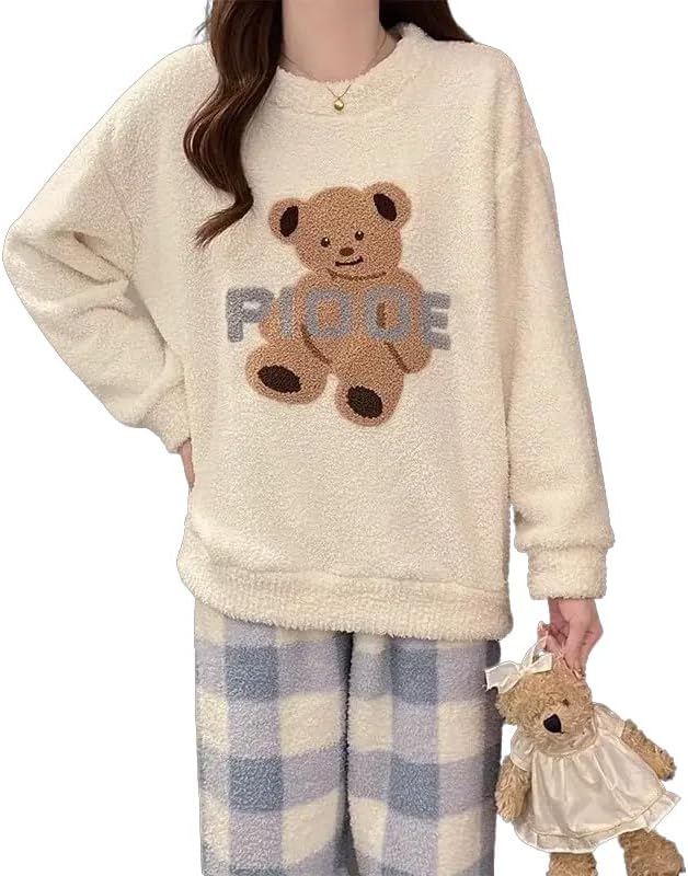 XL | B0GMWPHKTW | [FEISEDY] レディースパジャマ ふわふわ ルームウェア 可愛い クマ ホームウエア 上下セット チェック柄 部屋着 韓国 長袖 2点セット 室内着 防寒 保温 軽量 プレゼント 寢巻き 丸首 ゆったり 秋冬 A8304-P1