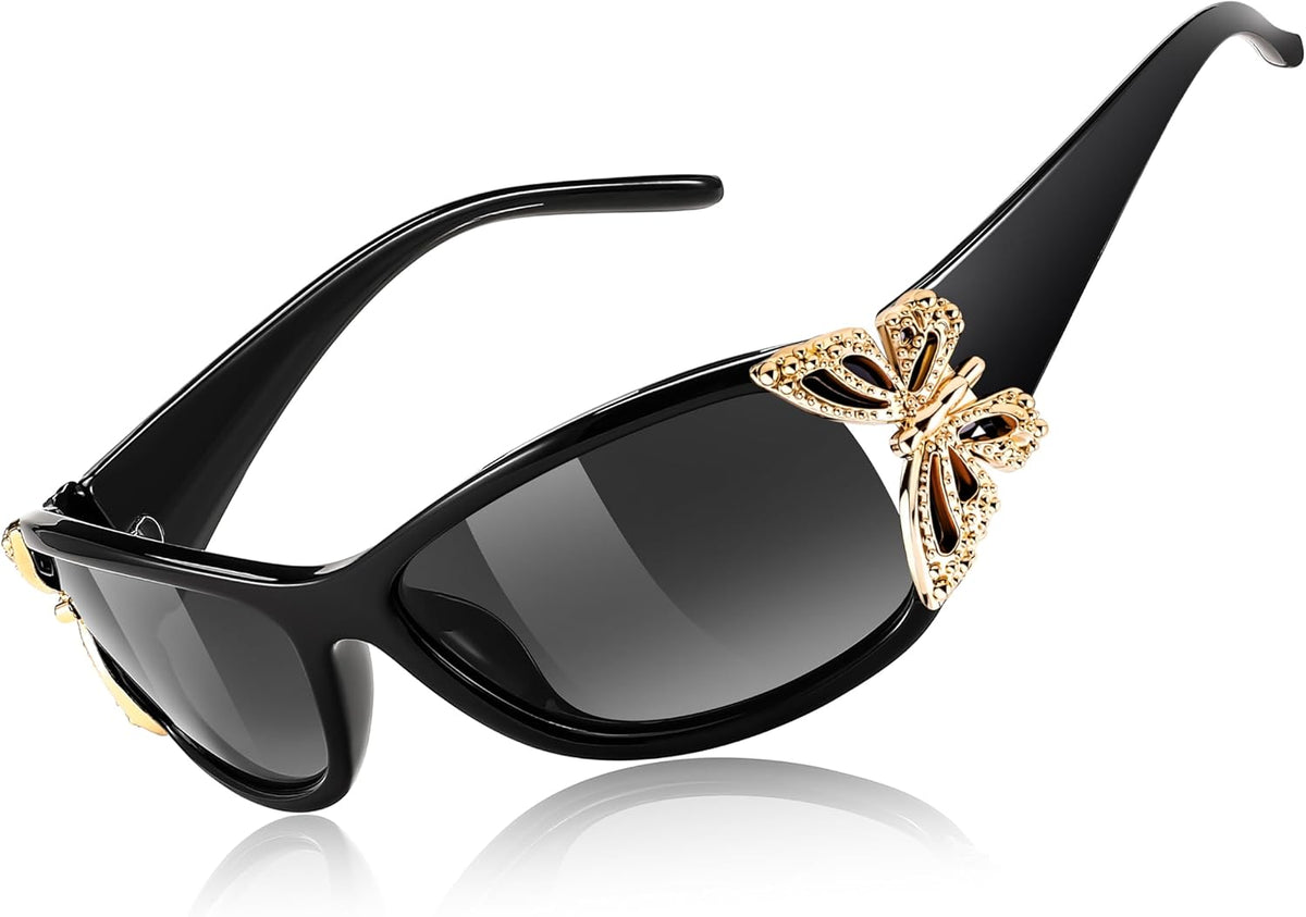 Black - Golden / 60 Millimeters | B0CXLKXSPF | FEISEDY Y2K Women Polarized Sunglasses Butterfly Wrap Around UV400 Shades