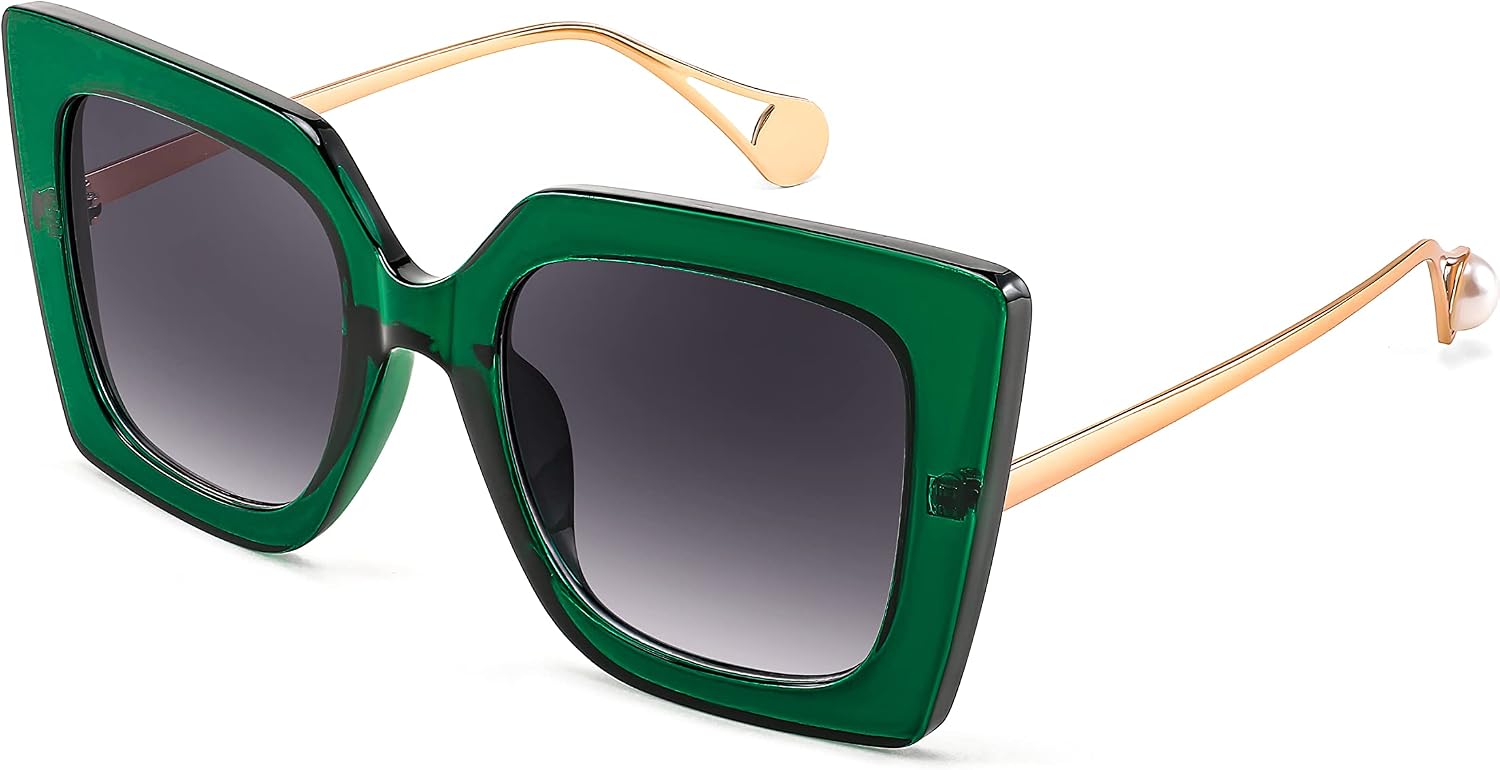 Clear Green / 52 Millimeters | B0BXDCCMRM | FEISEDY Sunglasses Womens Trendy, Oversized Square Shades, Pearl Inlay Cat Eye Frame UV400 Protection B2625