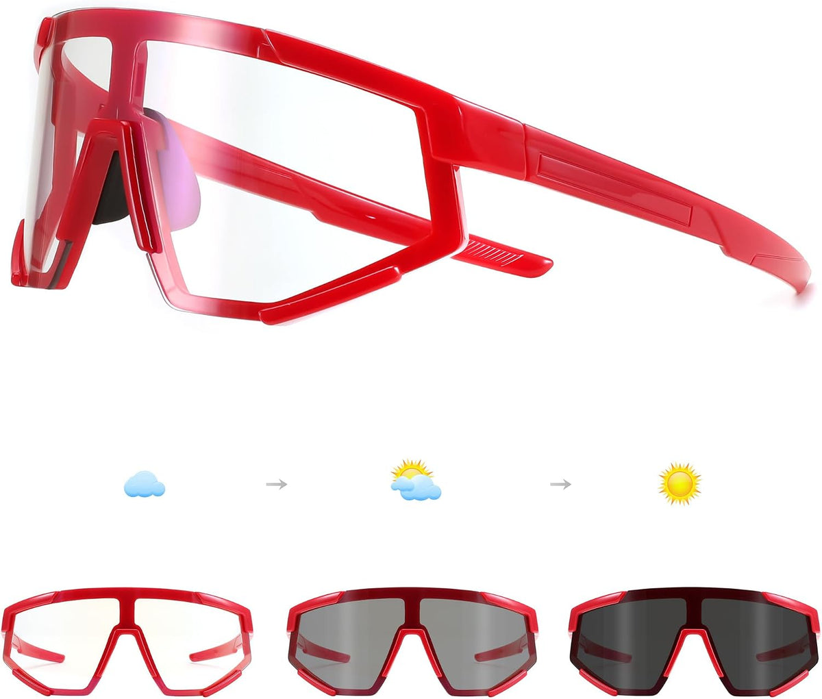 Red Frame / Large | B0DFMCQPQT | FEISEDY Photochromic Sports Sunglasses for Men Women Night Vision Cycling Driving Running Glasses B0233