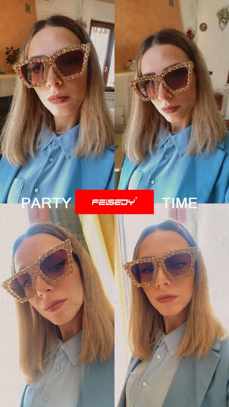 商品图片 30 | B09V7X56D4 | FEISEDY Women Crystal Square Cat Eye Sunglasses Sparkling Trendy Retro Cateye Sunglasses B2898