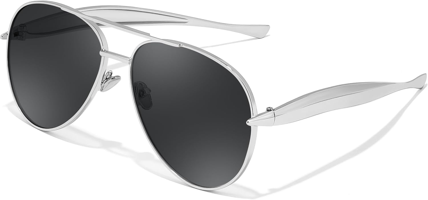 Silver/Grey / 60 Millimeters | B0FKMHSFB5 | FEISEDY Oversized Aviator Sunglasses Women Men - Retro Gold Metal Chunky Frame, UV400 for Driving & Daily Wear B0311