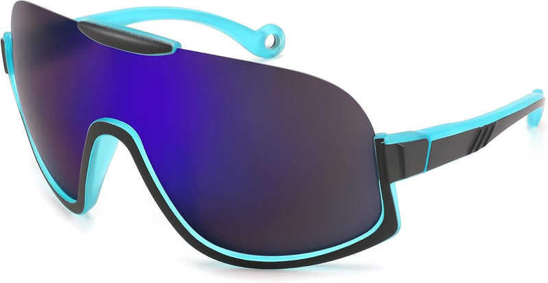 Black Frame Blue Mirrored Lenses / 60 Millimeters | B0CQWYMYFG | FEISEDY Sunglasses Men Women Oversized Fashion Sports Baseball Fishing Skiing Running Golf Adults Teens Half Frame B0012