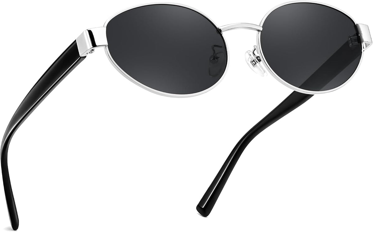 Silver Frame Grey Lens Black Legs / 54 Millimeters | B0GJZRX747 | FEISEDY Retro Oval Metal Y2K Sunglasses for Women Men Small Frame B0402