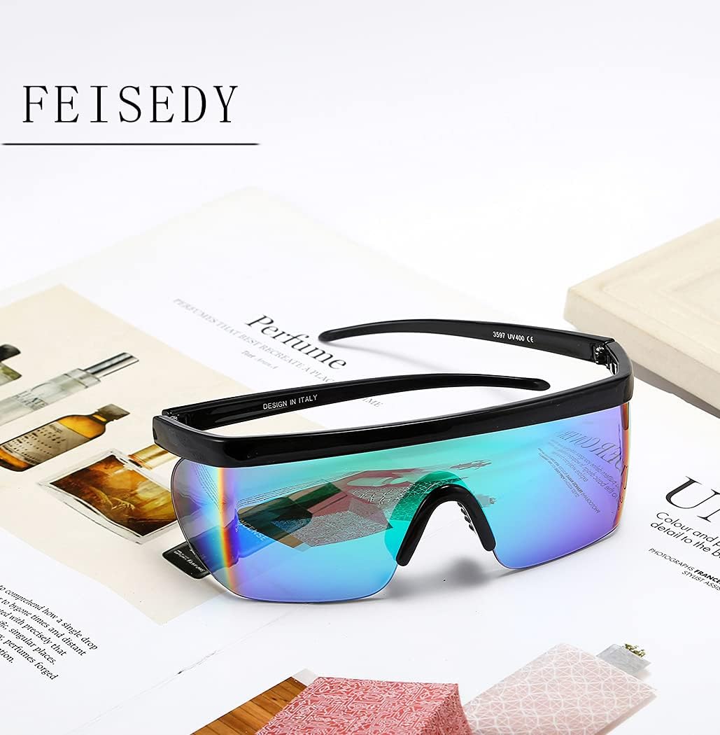 商品图片 16 | B096SD9GGG | FEISEDY Oversized Mirror Shield Sport 80s Sunglasses Ski Goggles Flat Top One Piece Futuristic Visor Women Men B2522