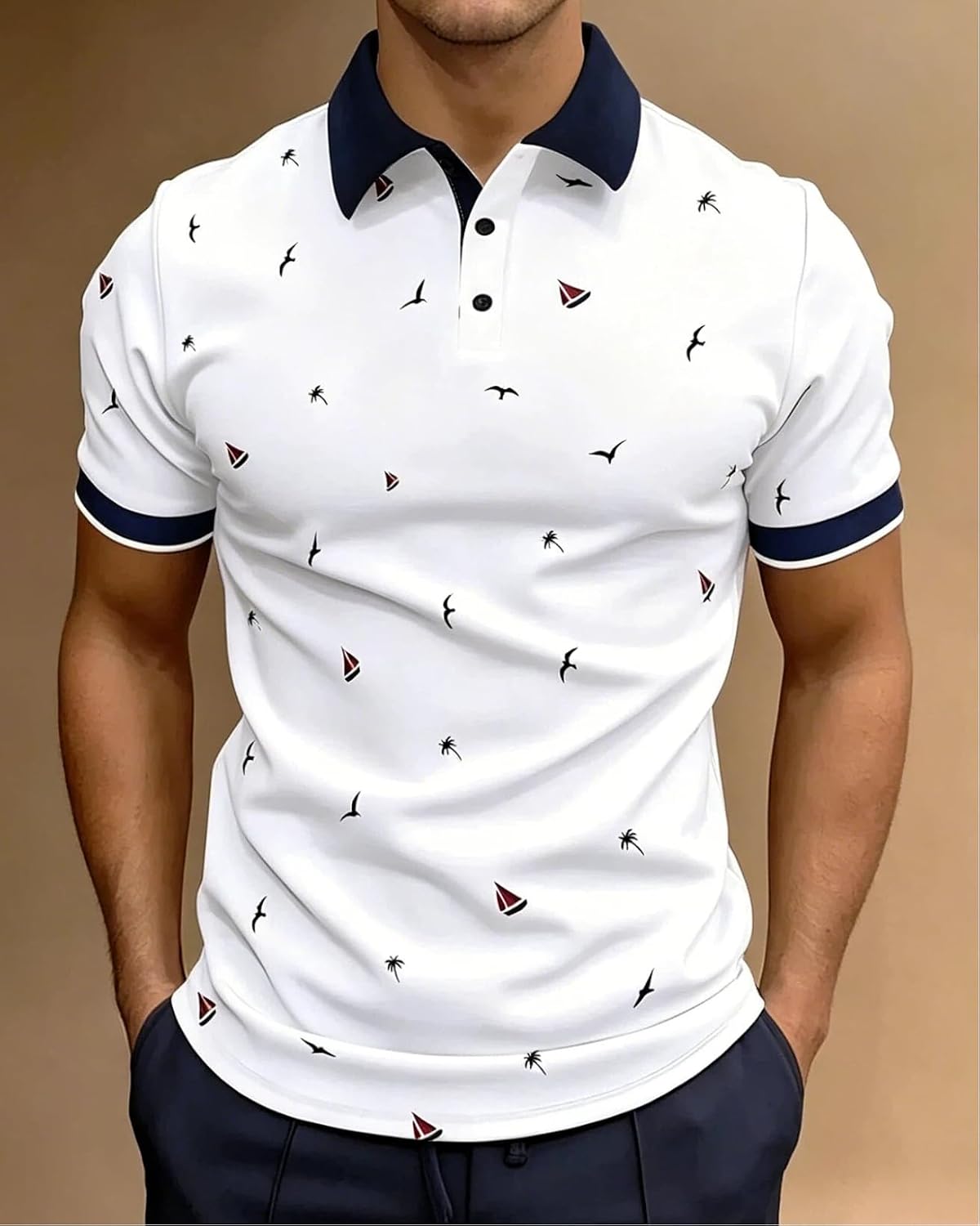 商品图片 3 | B0H2XSMLBN | White Nautical Print Golf Shirts for Men, Dry Fit Short Sleeve Polo Shirt, Casual Summer Golf Polo for Vacation Daily Wear