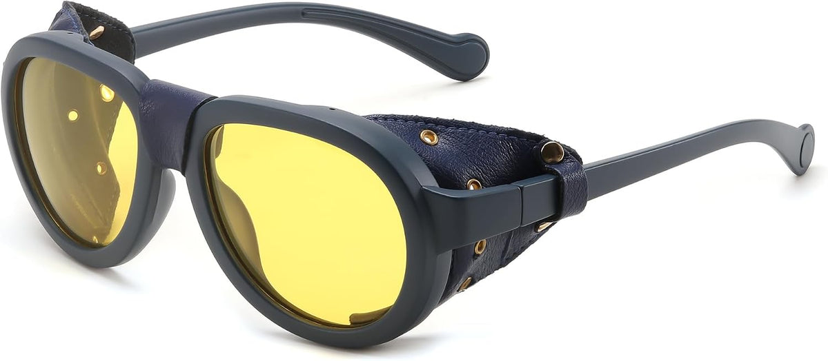Blue Frame / 50 Millimeters | B0D5HNB7ZZ | FEISEDY Steampunk Sunglasses Women Men£¬Polarized Yellow Lens, Retro Round Vintage Frame Leatherwear B0159