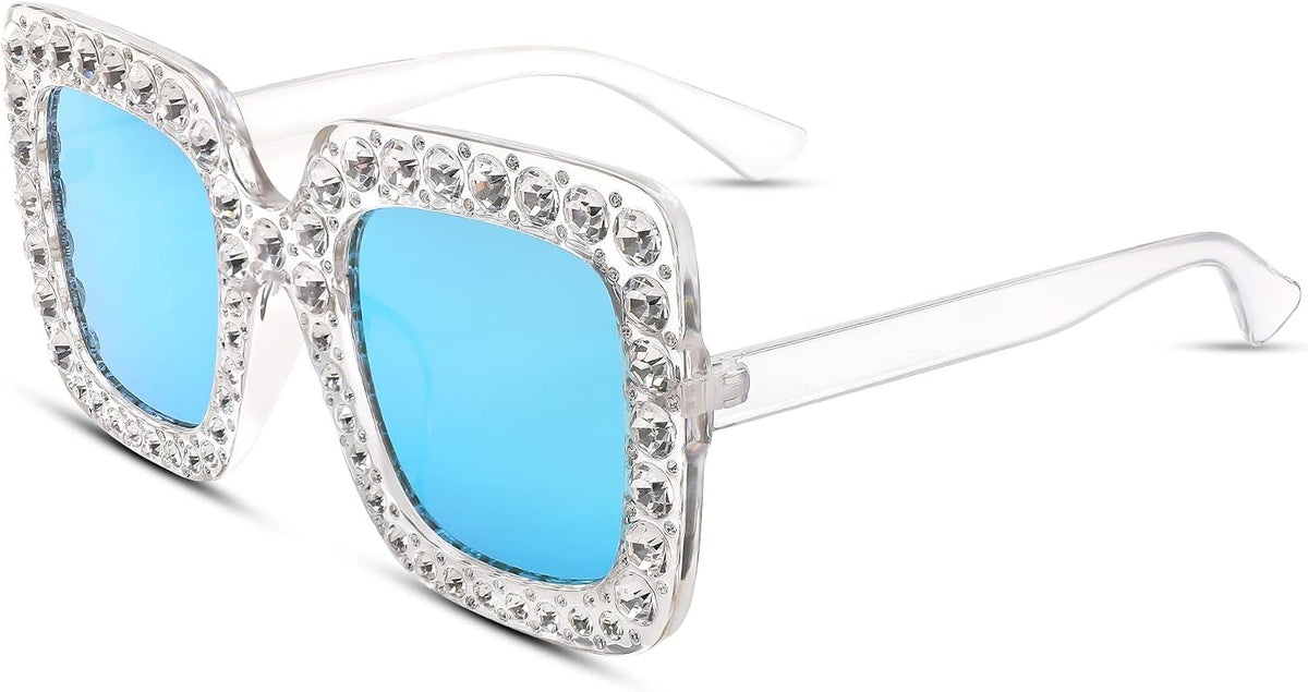 Mirrored Blue / 51 Millimeters | B0BLCCQ3J2 | FEISEDY Women Sparkling Crystal Sunglasses Oversized Square Thick Frame B2283