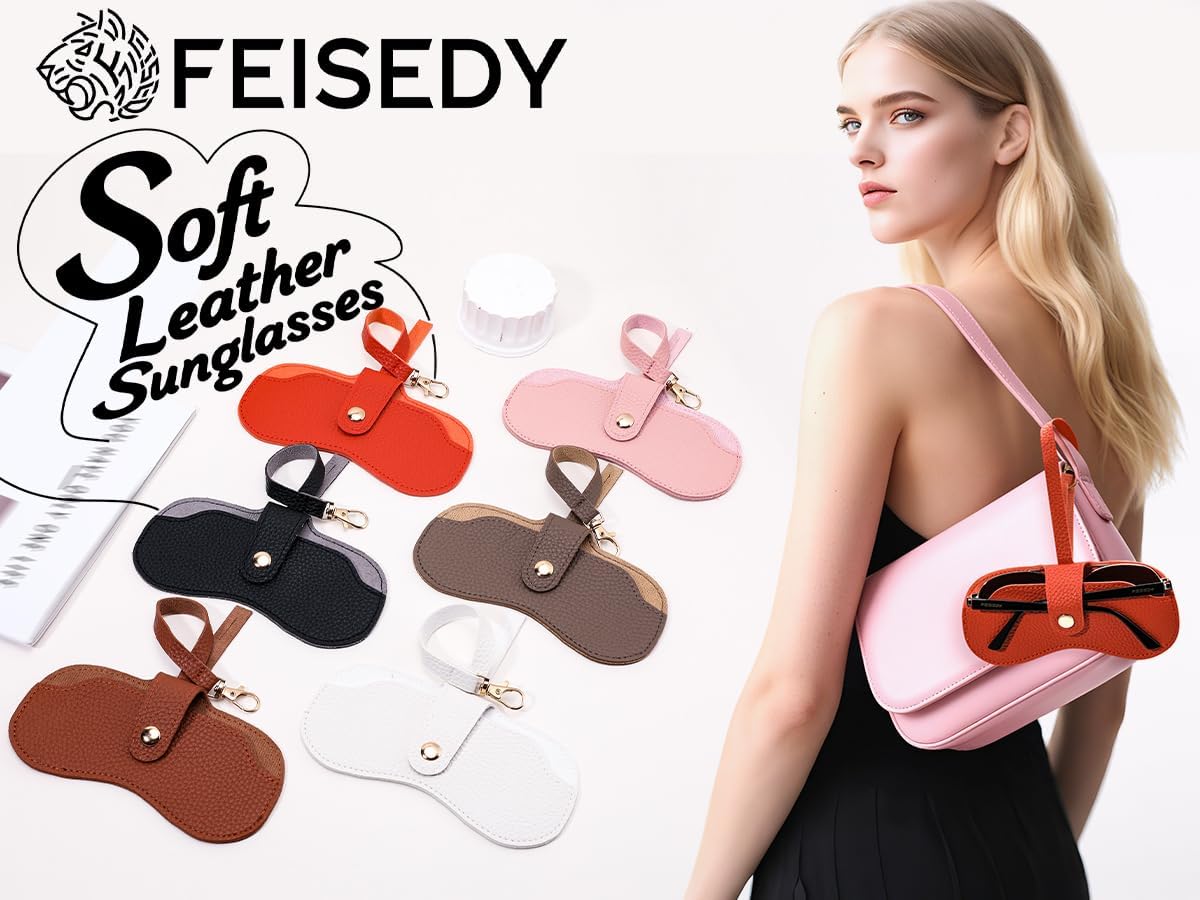 商品图片 7 | B0FMY27LR3 | FEISEDY Sunglass Case, 2Pcs Soft Leather Eyeglass Cases for Women | Slim Portable Glasses Holder, with Button-Closure Wrist Strap for Travel & Outdoor B0308