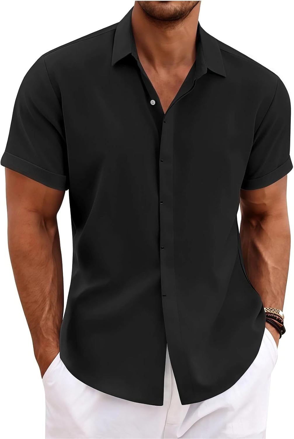 Medium / Black | B0GD6TRFDL | Men's Short Sleeve Shirts, Casual Button Down Dress Shirt Stretch Solid Formal Shirt for Men