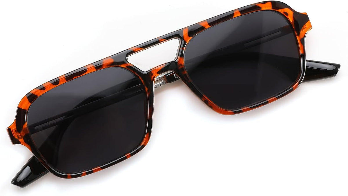 Leopard Frame/Grey Lens / 59 Millimeters | B0CT865499 | FEISEDY Vintage Square 70s Flat Aviator Sunglasses Women Men Metal Design Shades B2752