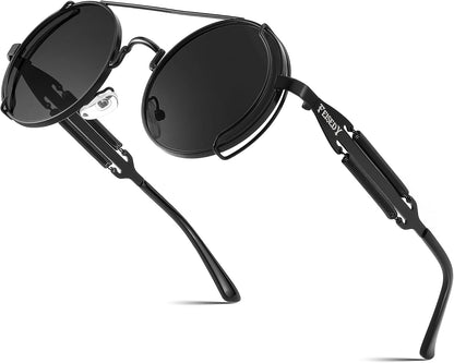 Black Frame With Gray Lenses and Black Temples / 50 Millimeters | B0BD4MSMZQ | FEISEDY Aviator Sunglasses for Men Women Steampunk Round Metal Frame B2351