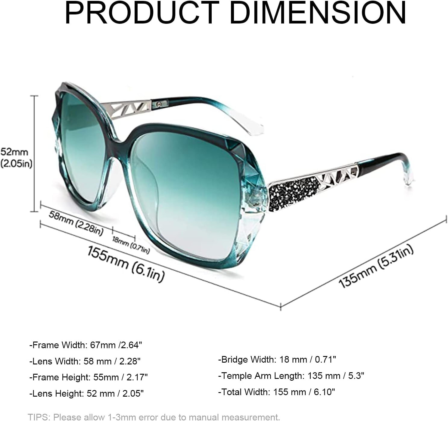 商品图片 113 | B079GT4RXH | FEISEDY Polarized Women Square Sunglasses Sparkling Composite Shiny Frame B2289