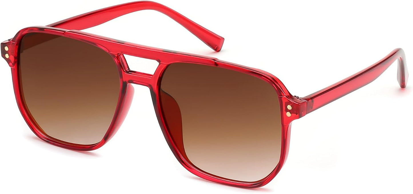 Red Frame/Gradient Brown Lens / 57 Millimeters | B0CQ25S28W | FEISEDY Retro Square Aviator Sunglasses Women Men 70s Vintage Trendy Plastic Frame Sun Glasses B2835