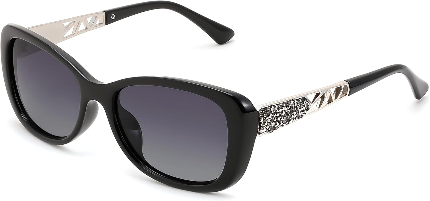 B-polarized Black / 58 Millimeters | B0D2RBZ6SH | FEISEDY Polarized Women Sunglasses Retro Shades Photochromic Lens Sparkling Crystal Sunglasses UV400 Protection B0144