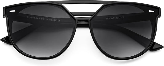 01 Black - Gradual Grey / 58 Millimeters | B0D83BXZNR | FEISEDY Women's Cat Eye Aviator Sunglasses- Polarized UV400 for Driving & Travel, Vintage Oversized Fashion B0119