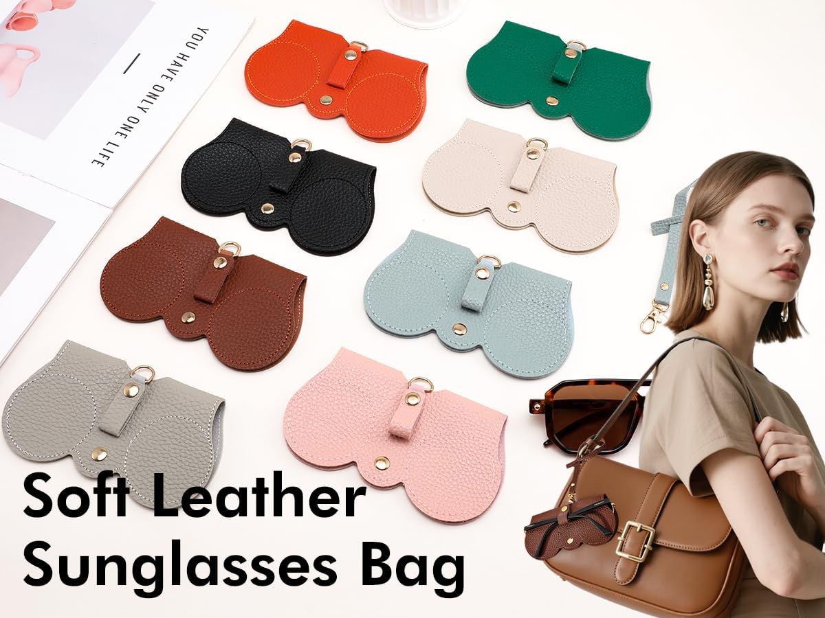 商品图片 11 | B0CFPPR4K1 | FEISEDY 2Pack Soft Leather Sunglass Bag, Portable Holder Eyeglasses Case | Lightweight Portable Design, With Button Clip Wrist Strap for Travel Daily Use B0049