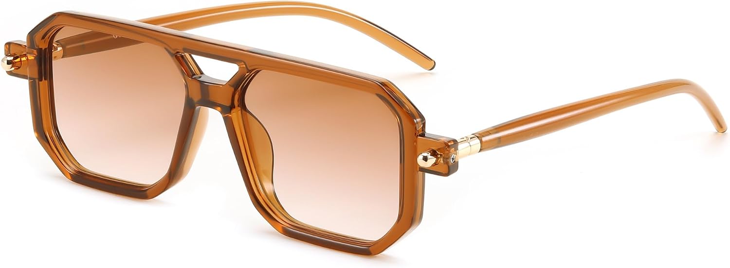 015 Brown Frame & Gradient Tea Lens / 52 Millimeters | B0CYLFFM8Q | FEISEDY Vintage Square 70s Flat Aviator Sunglasses Women Men Classic Retro Stylish Frame UV400 Sunglasses B2622