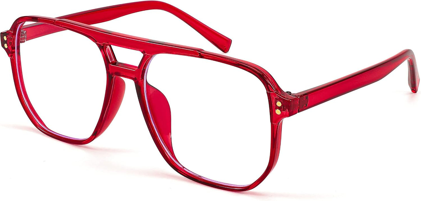 Transparent Red Frame / 54 Millimeters | B0BX67C38C | FEISEDY Blue Light Glasses for Women Men Oversized Pilot Lightweight B2866