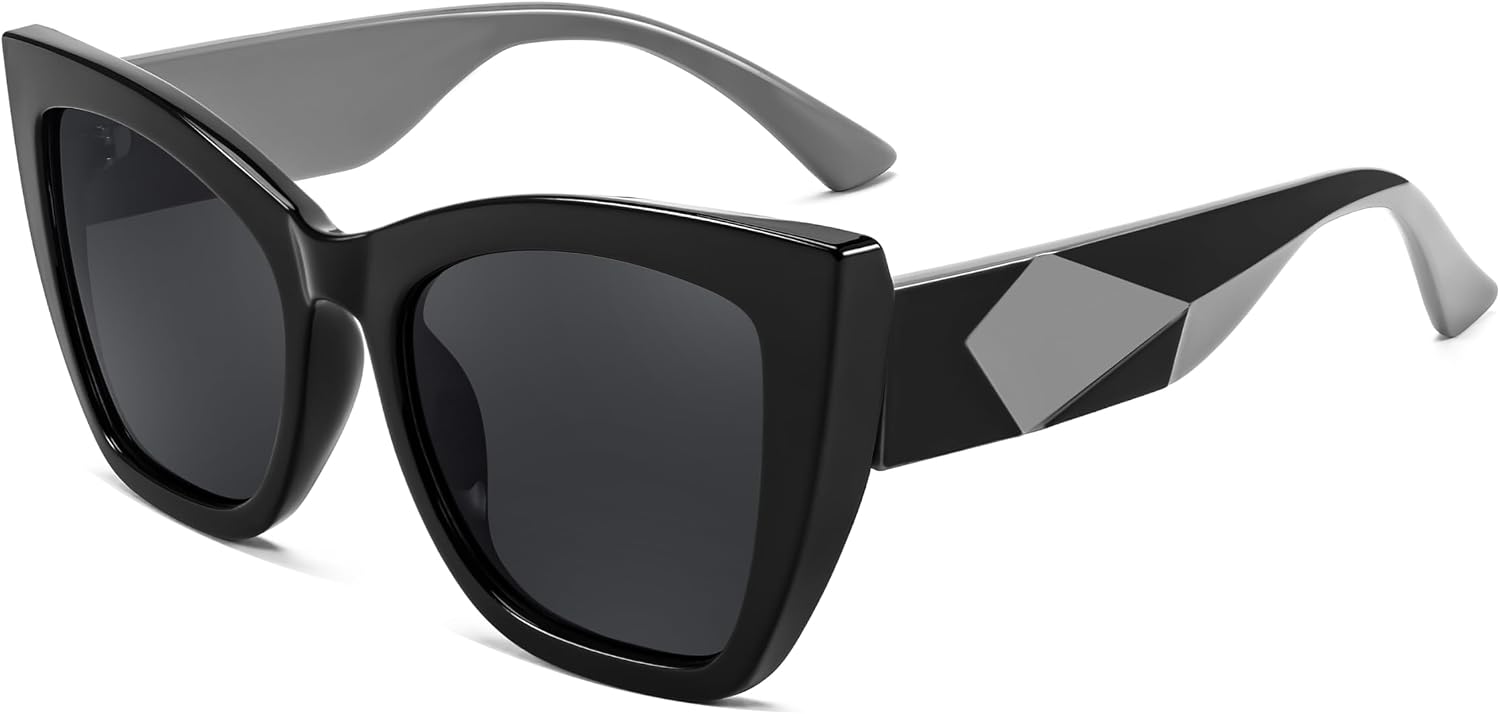 001 Black/Grey Lens | B0CPDCT39F | FEISEDY Oversized Cat Eye Sunglasses for Women Trendy Square Cateye Sunglasses B0094