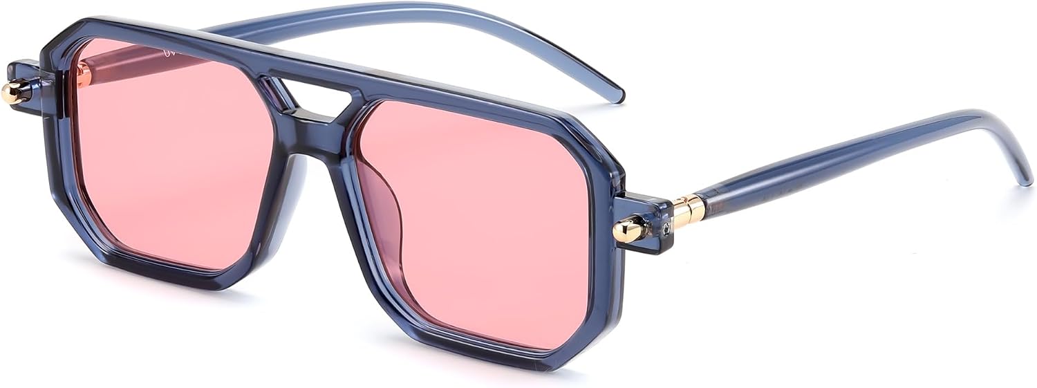 019 Ink Blue Frame & Pink Lens / 52 Millimeters | B0CYLKBCNW | FEISEDY Vintage Square 70s Flat Aviator Sunglasses Women Men Classic Retro Stylish Frame UV400 Sunglasses B2622