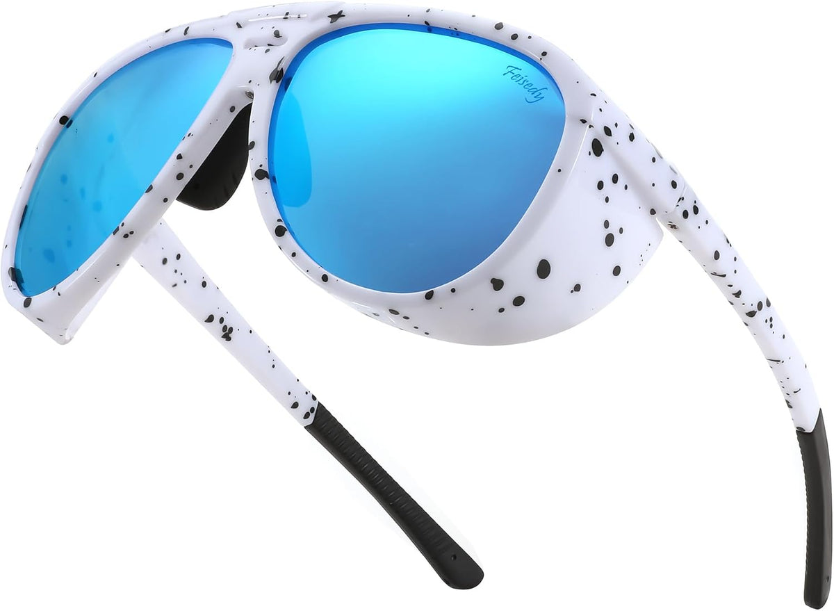 White Frame & Blue Mirror Lens / 60 Millimeters | B0CT5KDD3C | FEISEDY Polarized Aviator Sunglasses Men Women Oversized Round Steampunk Sunglasses Side Shield Goggles B0095