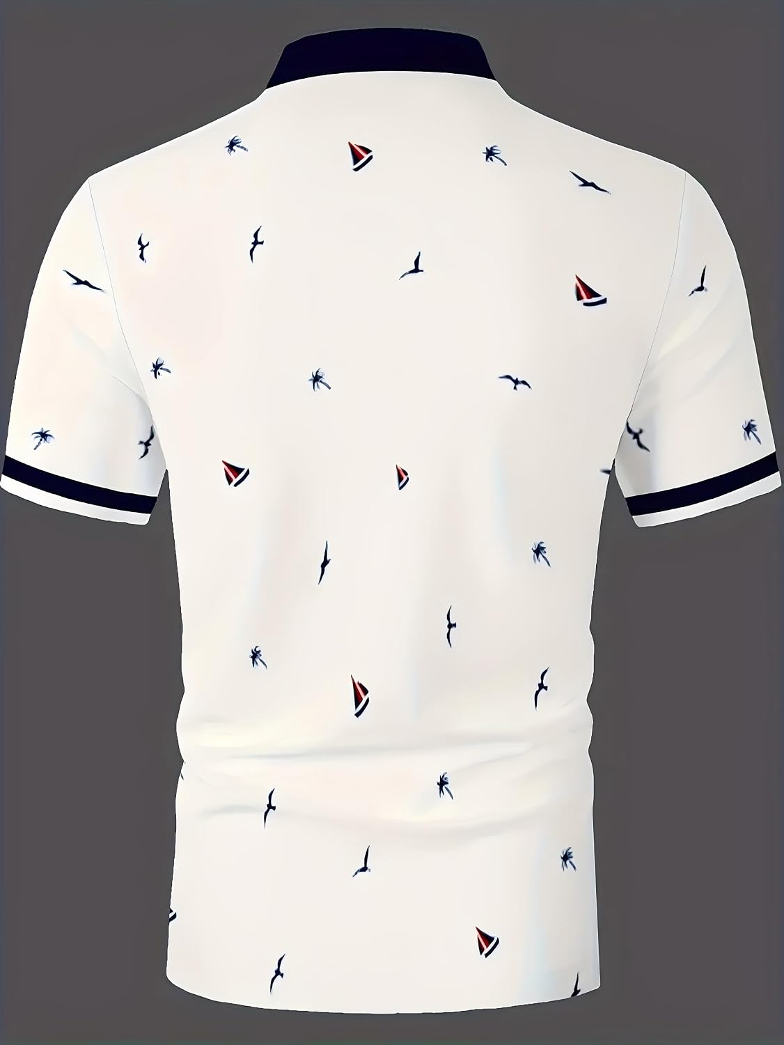 商品图片 4 | B0H2XSMLBN | White Nautical Print Golf Shirts for Men, Dry Fit Short Sleeve Polo Shirt, Casual Summer Golf Polo for Vacation Daily Wear