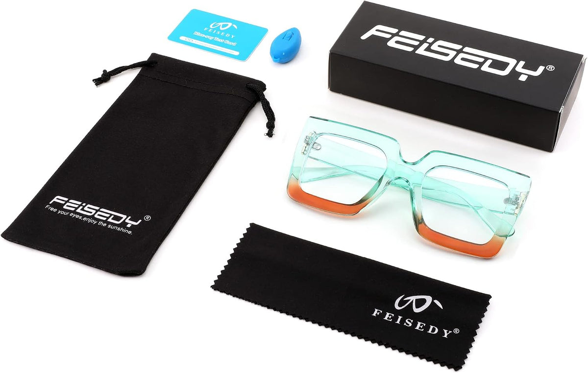 商品图片 25 | B0BZRTPH3F | FEISEDY Fashion Oversized Blue Light Glasses for Women Anti Fatigue Thick Square Computer Eyewear B2381