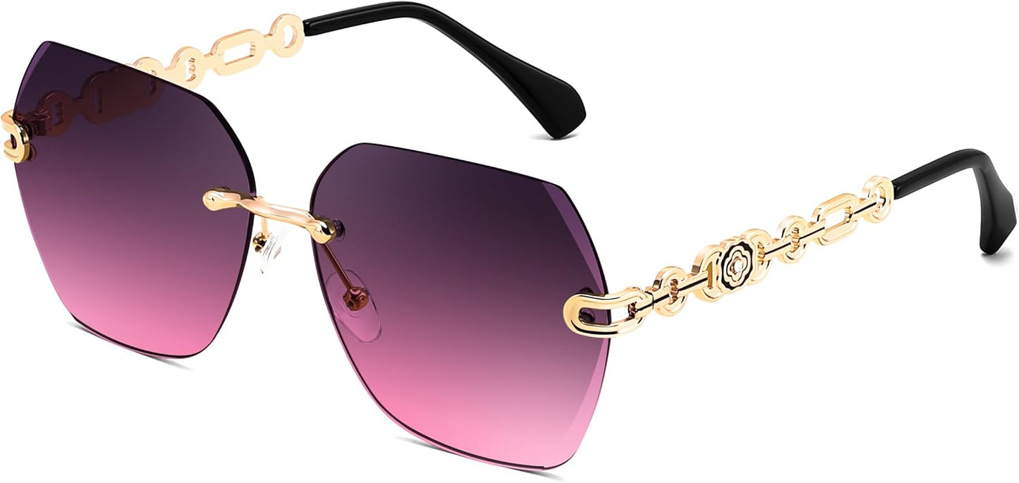 009 Purple | B0FWRNVXBW | FEISEDY Classic Rimless Sunglasses Women Metal Frame Diamond Cutting Lens Sun Glasses B2567