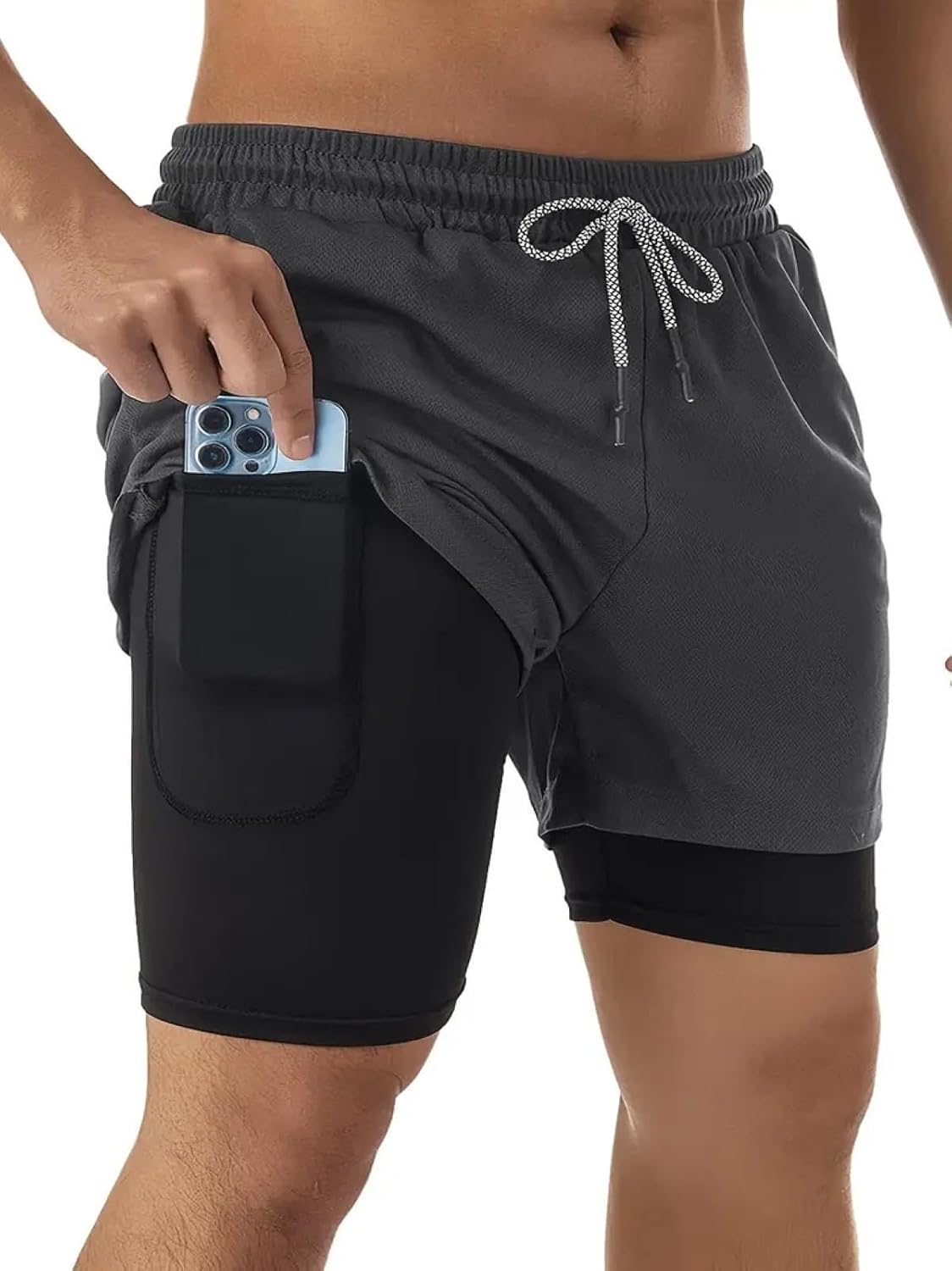 Default Title | B0GPQCBRVC | Men's 2-in-1 Running Shorts with Phone Pockets - Quick Dry Gym & Workout Shorts for Athletic Men Grey