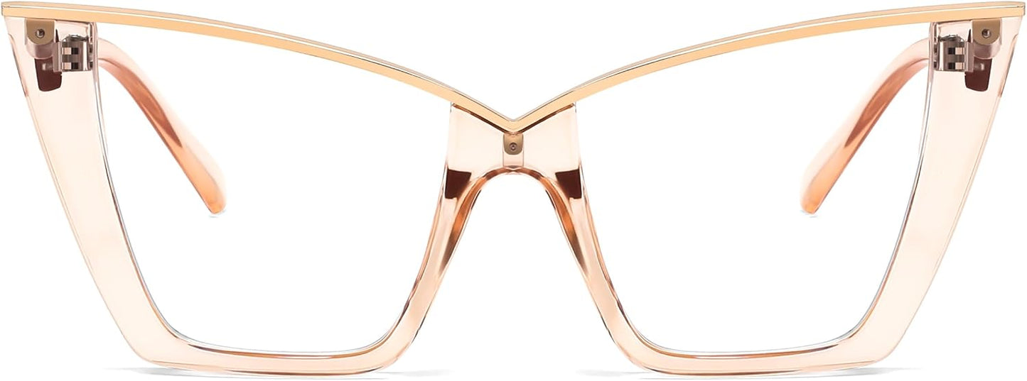 Champagne / 50 Millimeters | B0G378ZN8F | FEISEDY Fashion Cat Eye Blue Light Blocking Glasses for Women Fake Retro Eyeglasses Oversized Stylish Eyewear Frame B0240