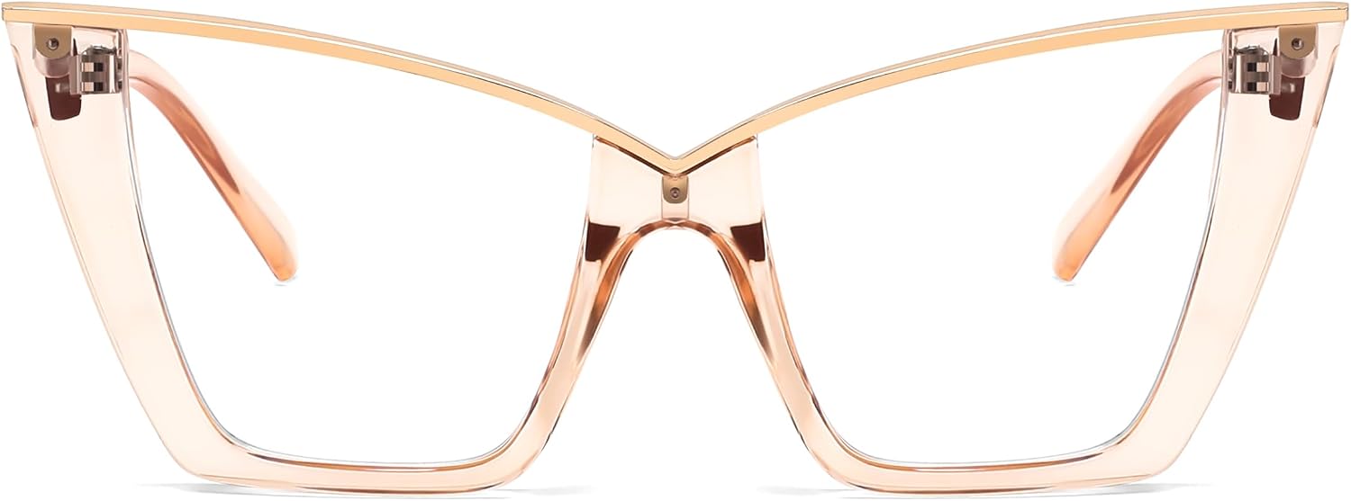 Champagne / 50 Millimeters | B0G378ZN8F | FEISEDY Fashion Cat Eye Blue Light Blocking Glasses for Women Fake Retro Eyeglasses Oversized Stylish Eyewear Frame B0240