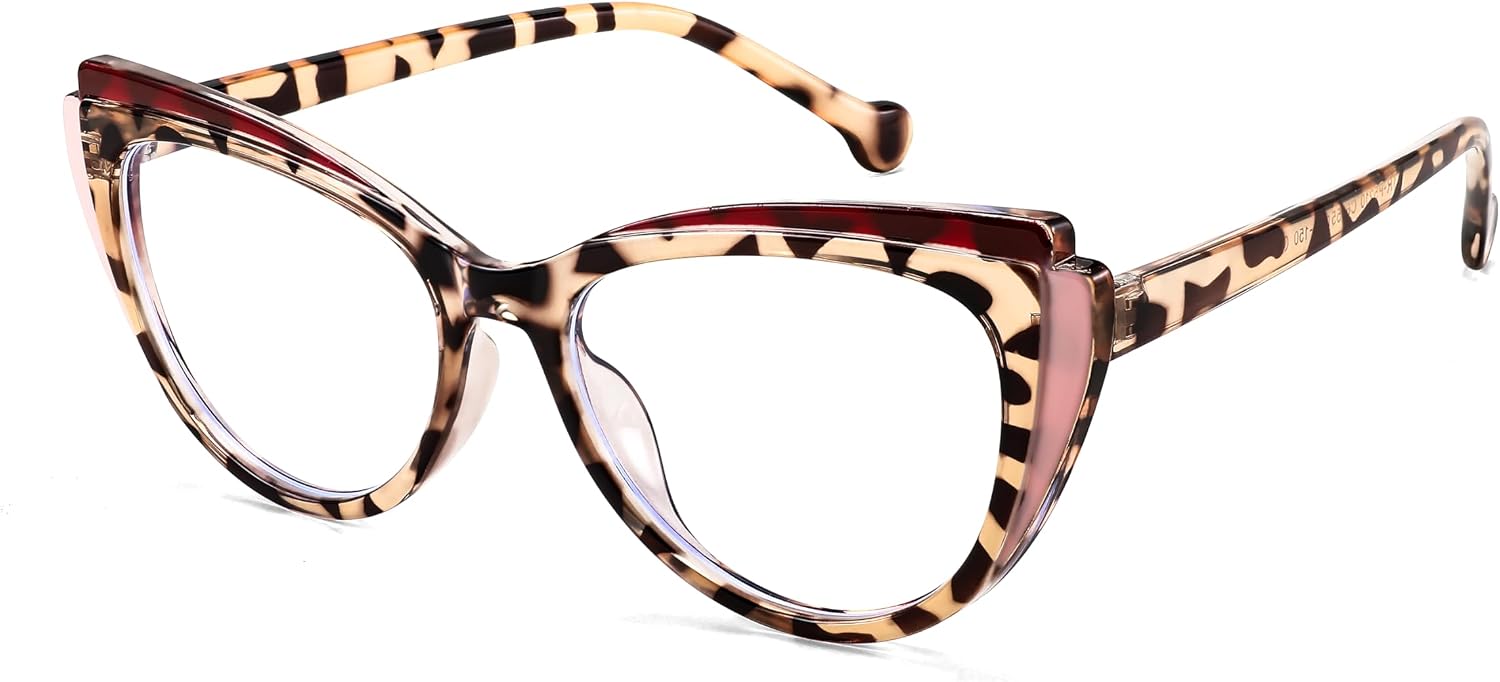 Red+pink Leopard / 53 Millimeters | B0CGNLYKNQ | FEISEDY Women Cateye Blue Light Blocking Glasses Fake Nerd Clear Computer Eyewear TR Fashion Frame B0040