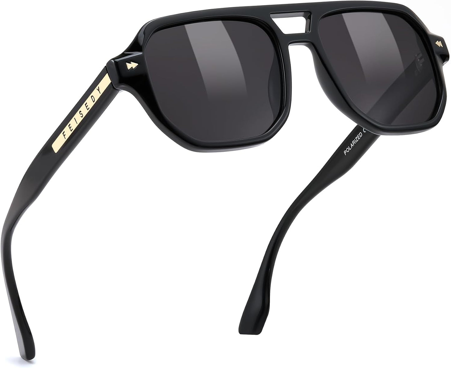 004 Black Frame & Grey / 49 Millimeters | B0DSGZNTLN | FEISEDY Polarized Aviator Sunglasses Men Women, Retro 70s Style Design - UV400 Protection, Driving & Daily Wear B0203