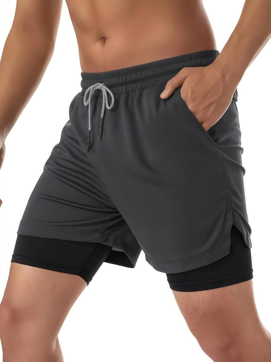 商品图片 2 | B0GPQCBRVC | Men's 2-in-1 Running Shorts with Phone Pockets - Quick Dry Gym & Workout Shorts for Athletic Men Grey