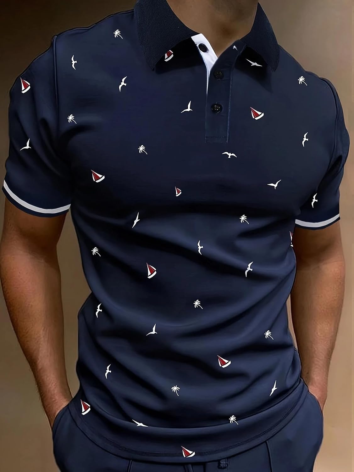 商品图片 2 | B0H2XKB7NK | Navy Blue Nautical Print Golf Shirts for Men, Dry Fit Short Sleeve Polo Shirt Casual Summer Golf Polo for Vacation Daily Wear