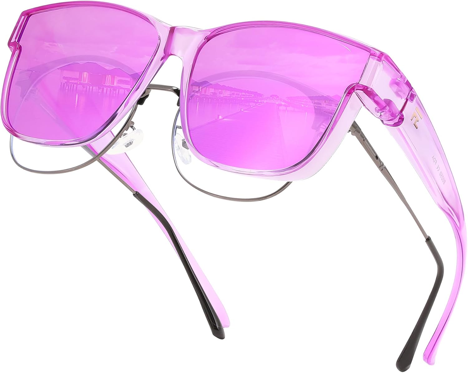 Transparent Purple Frame & Purple Mirror Lens / 63 Millimeters | B0GQGVC4XM | FEISEDY Fit Over Glasses Polarized Sunglasses Oversized Square UV400 B0250