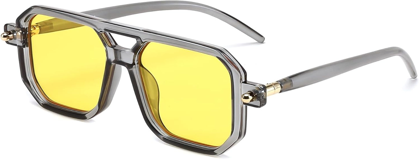 031 Transparent Grey Frame & Yellow Lens / 52 Millimeters | B0DPCJN5M3 | FEISEDY Vintage Square 70s Flat Aviator Sunglasses Women Men Classic Retro Stylish Frame UV400 Sunglasses B2622