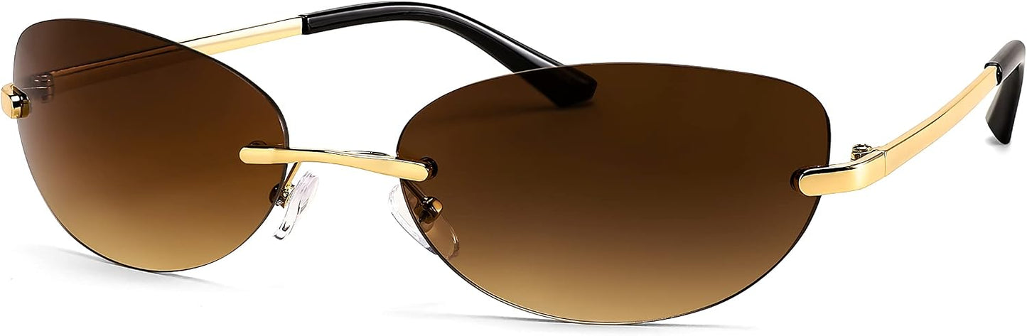 004 Gold Frame | Gradient Tea Lens / 62 Millimeters | B0BZPCB5PF | FEISEDY Trendy Rimless Oval Sunglasses for Women Men Retro 90s Eyewear Frame Y2K Glasses B2393